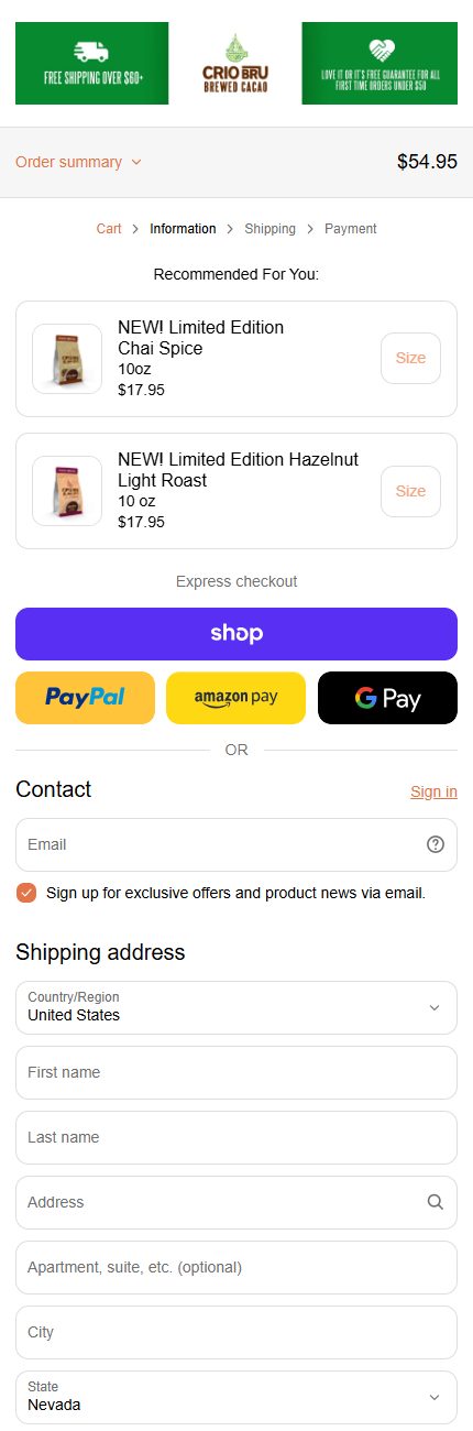 Crio Bru's current checkout on a phone