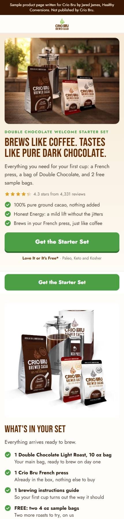 Crio Bru starter set product page on a phone