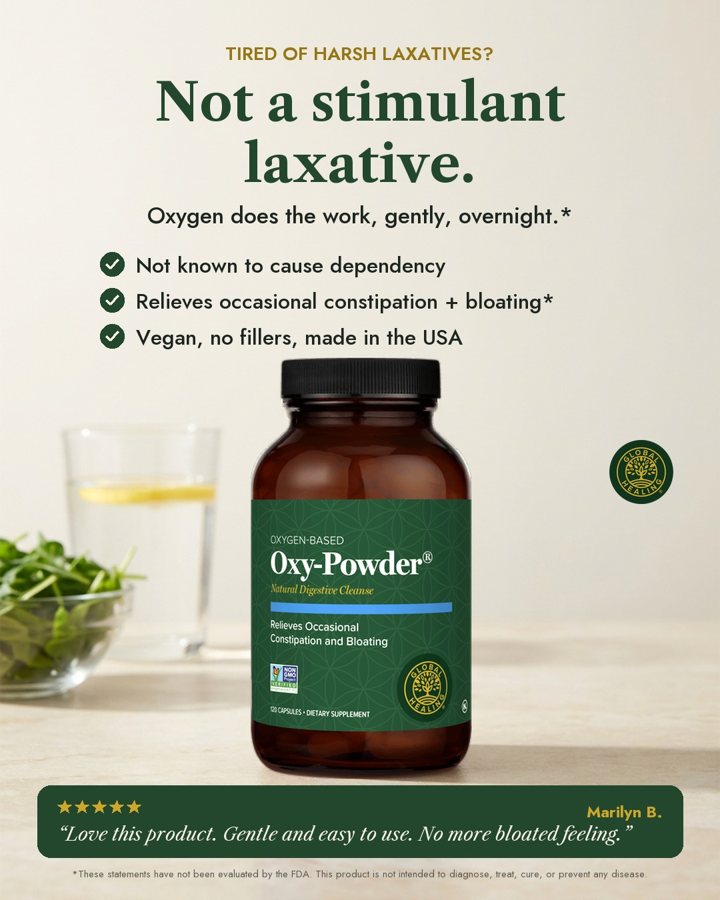 Not a stimulant laxative static ad for Global Healing