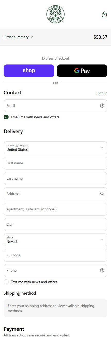 Global Healing's current checkout on a phone