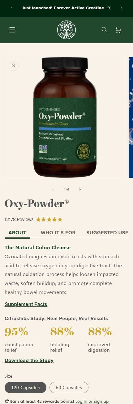 Global Healing's current Oxy-Powder page on a phone