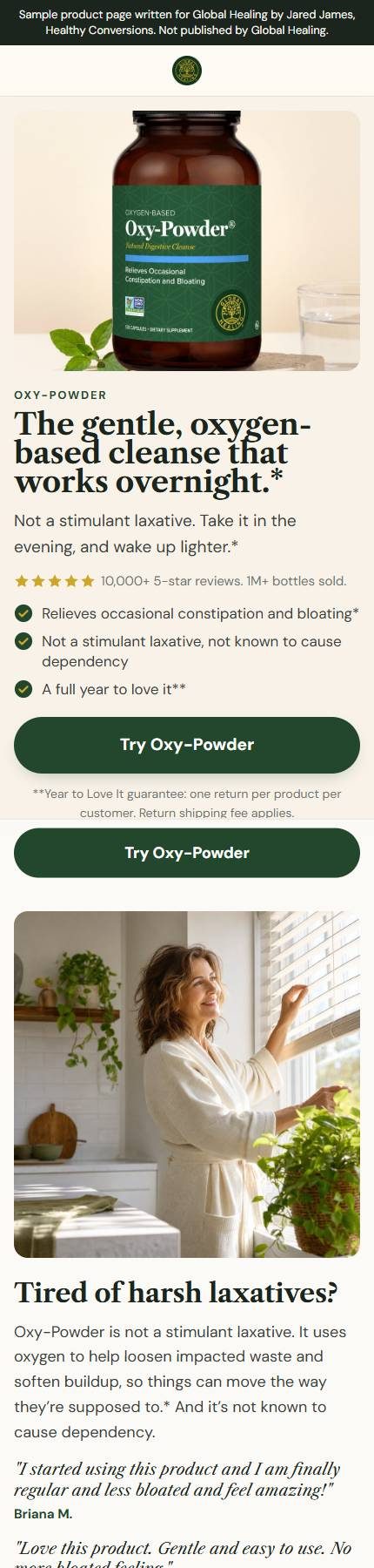 Oxy-Powder product page on a phone