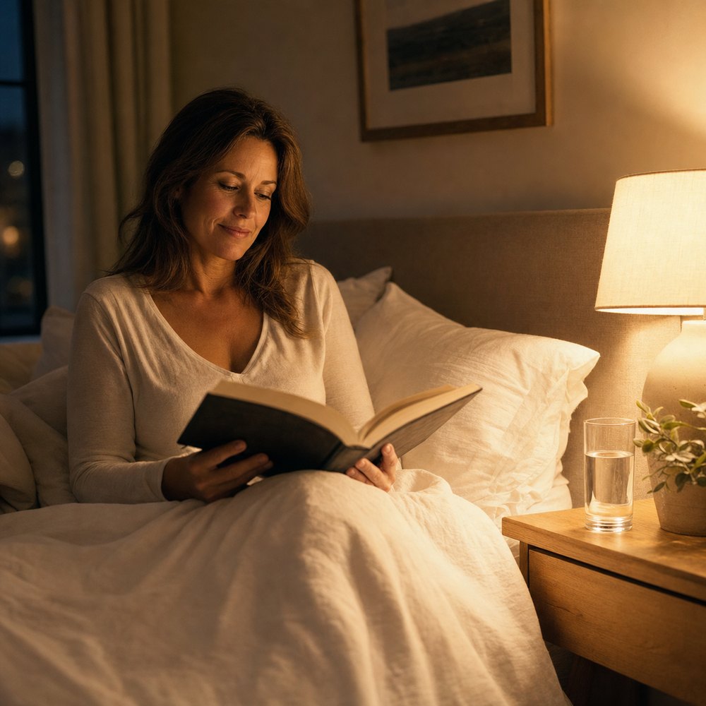A woman reading in bed under a warm lamp with a glass of water on the nightstand