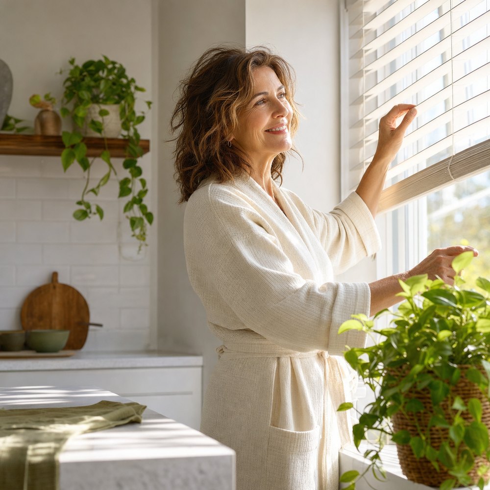 A smiling woman opening the blinds in a bright kitchen in the morning