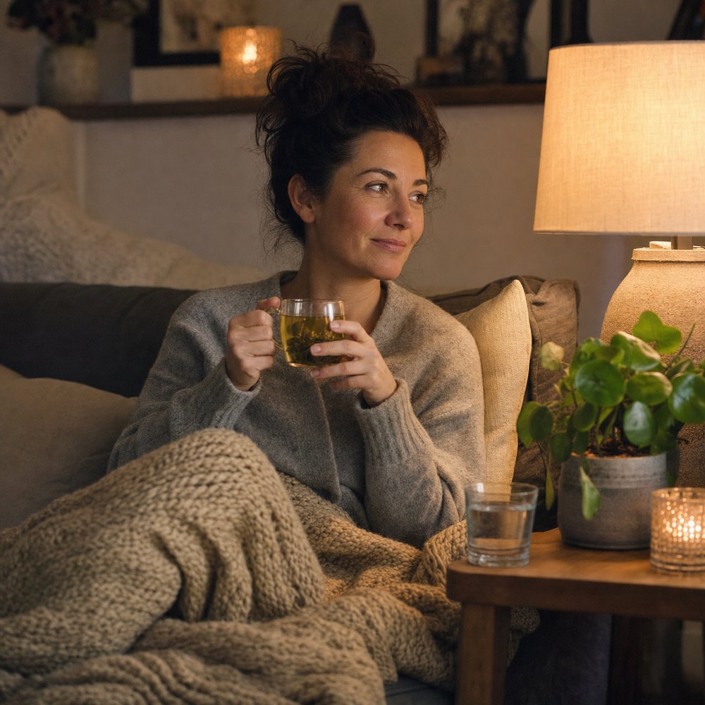 A relaxed woman on a sofa with a cup of tea in the evening