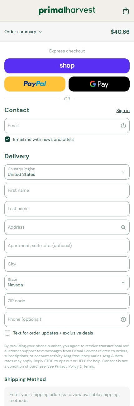 Primal Harvest's current checkout on a phone