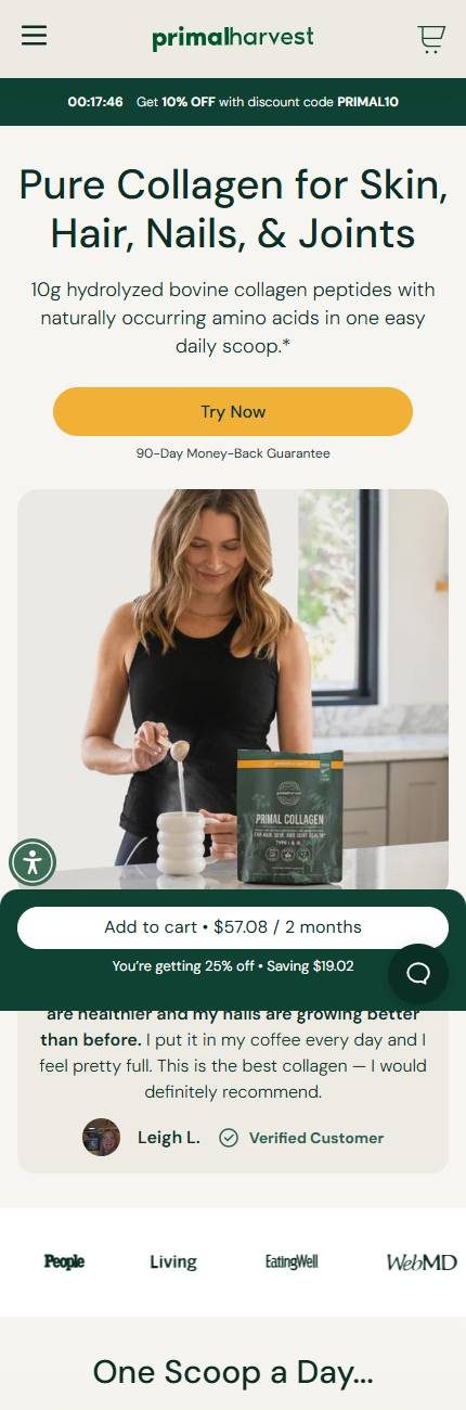 Primal Harvest's current collagen page on a phone