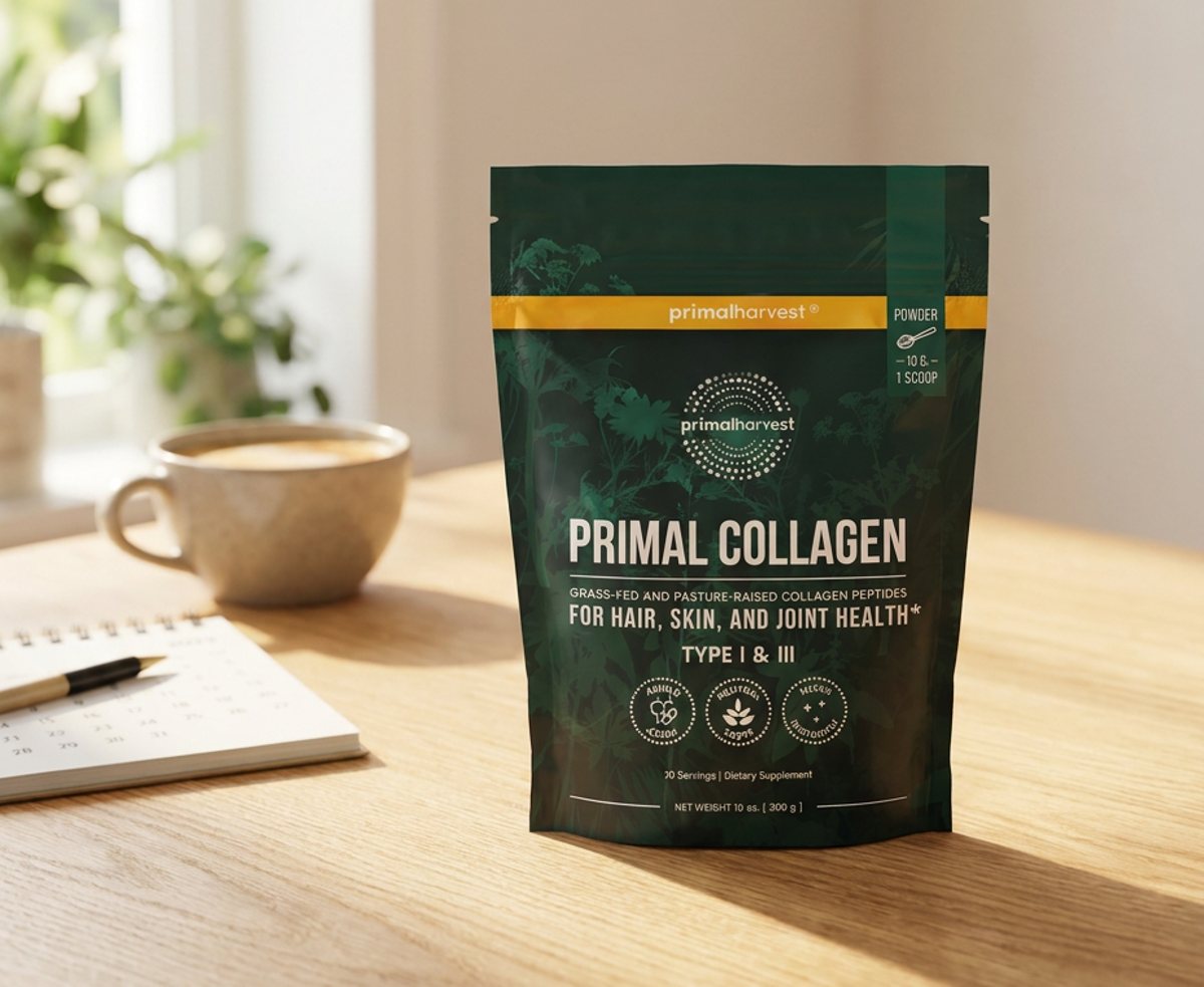 The Primal Collagen pouch on a sunny table with coffee and a notebook