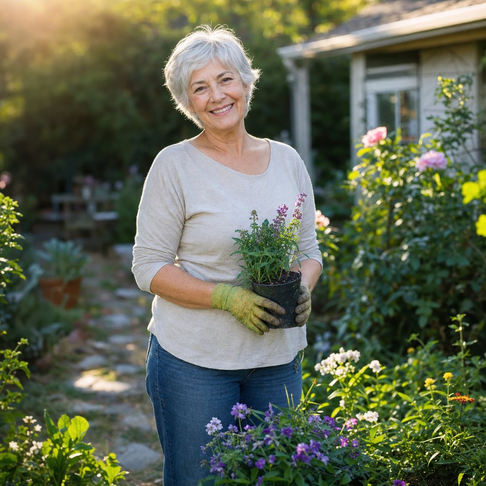 A smiling woman with short grey hair holding a potted plant in her garden