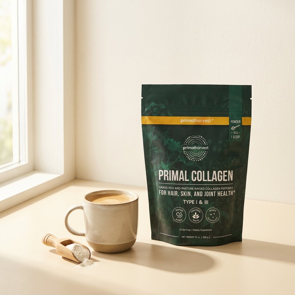 The Primal Collagen pouch next to a mug of coffee and a scoop of powder