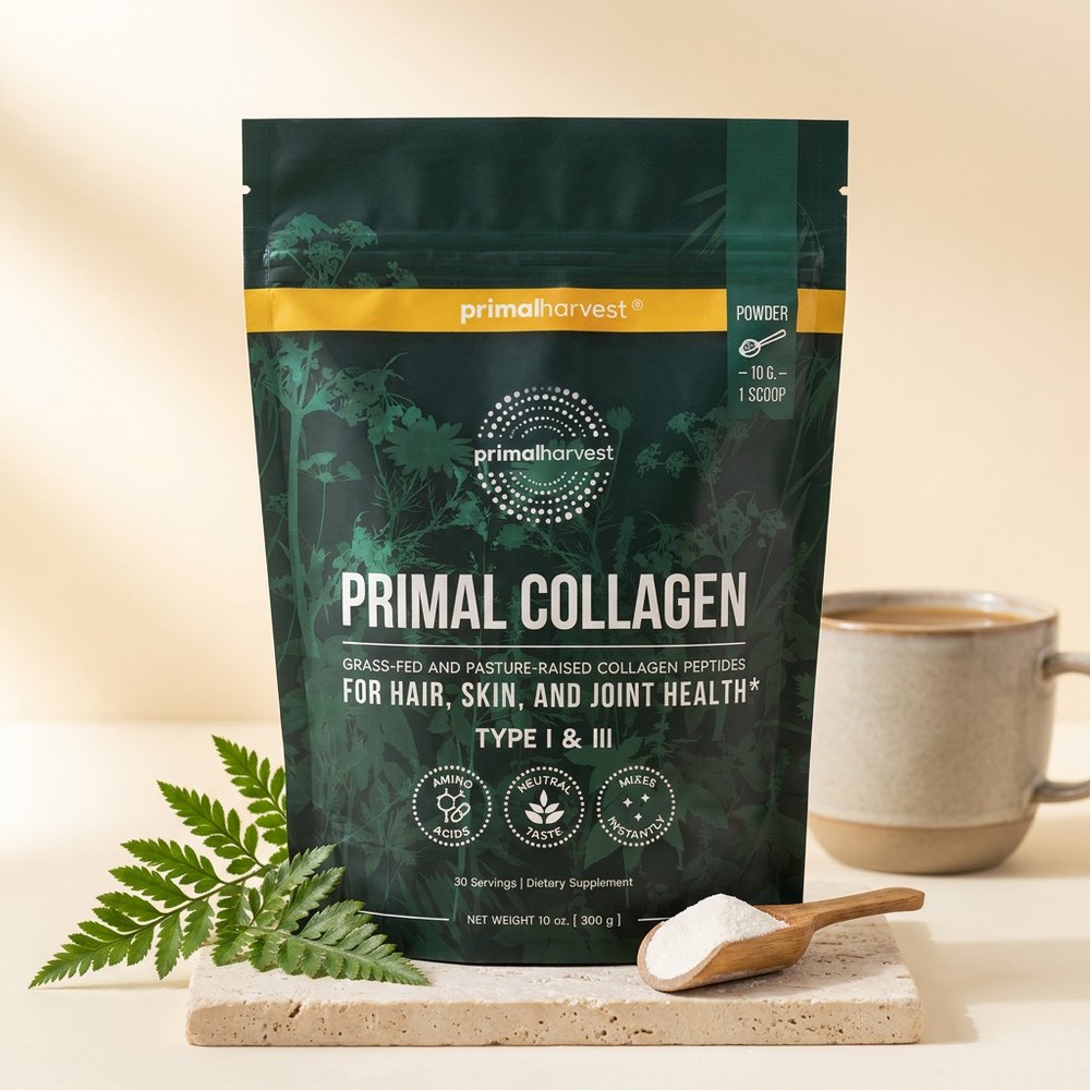 Primal Harvest Primal Collagen pouch on a stone block with a scoop and a fern