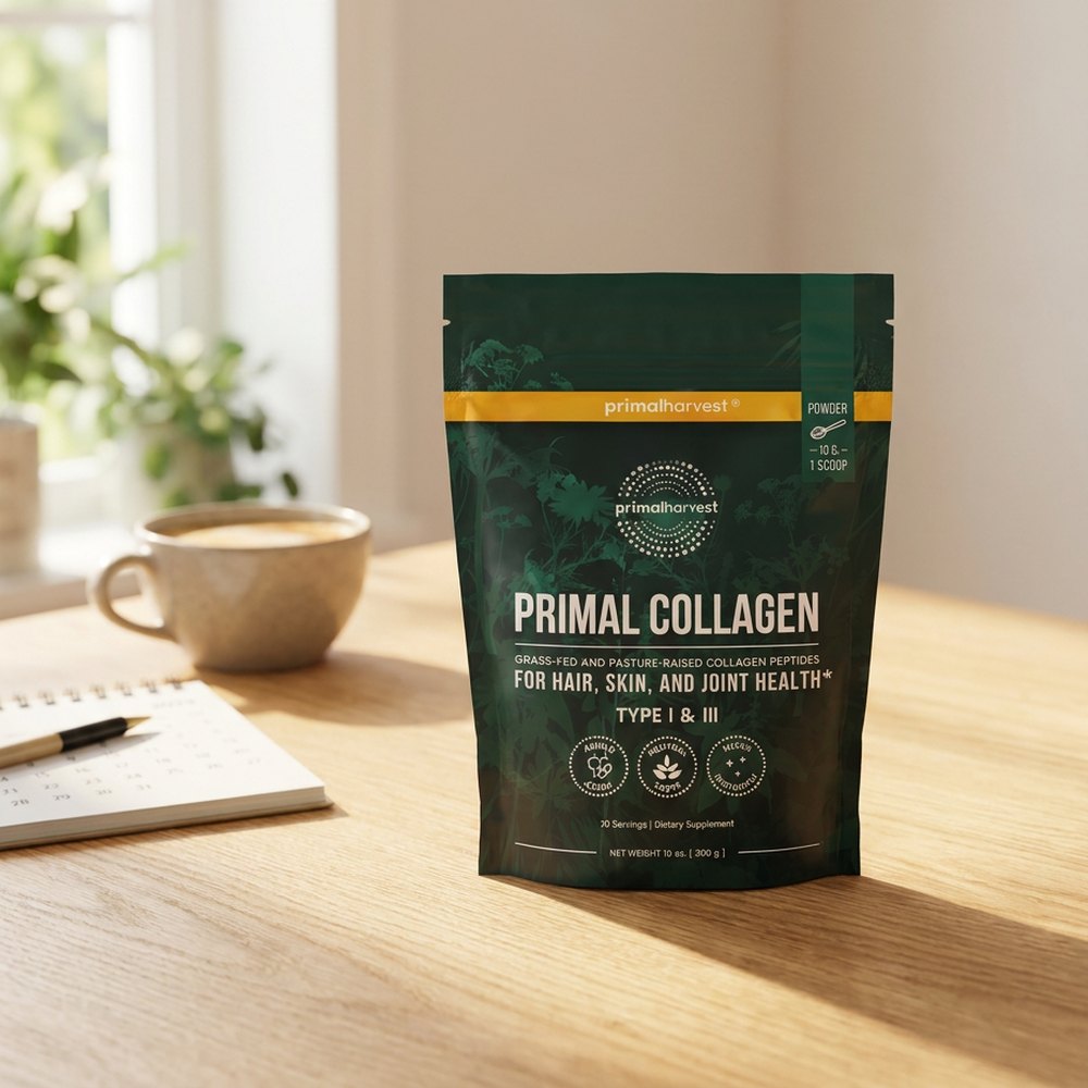 The Primal Collagen pouch on a sunny table with a coffee and a notebook