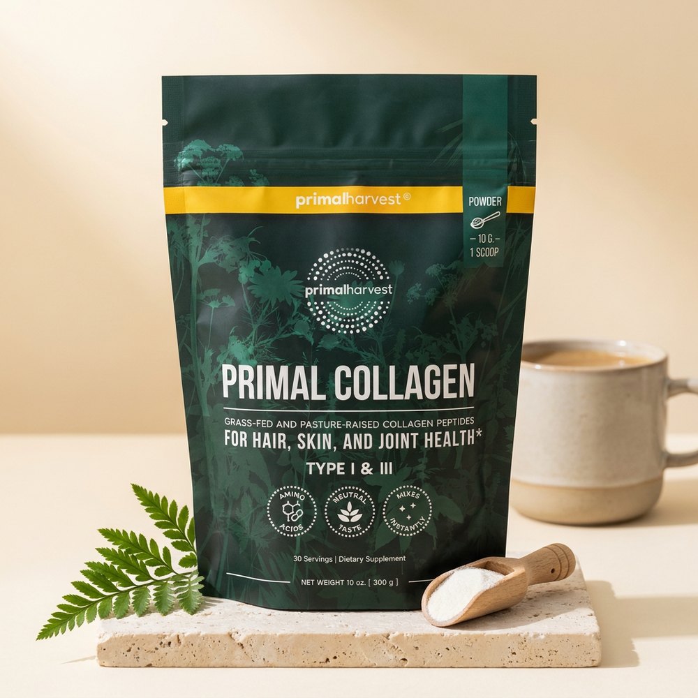 The Primal Collagen pouch on a stone block with a wooden scoop of powder