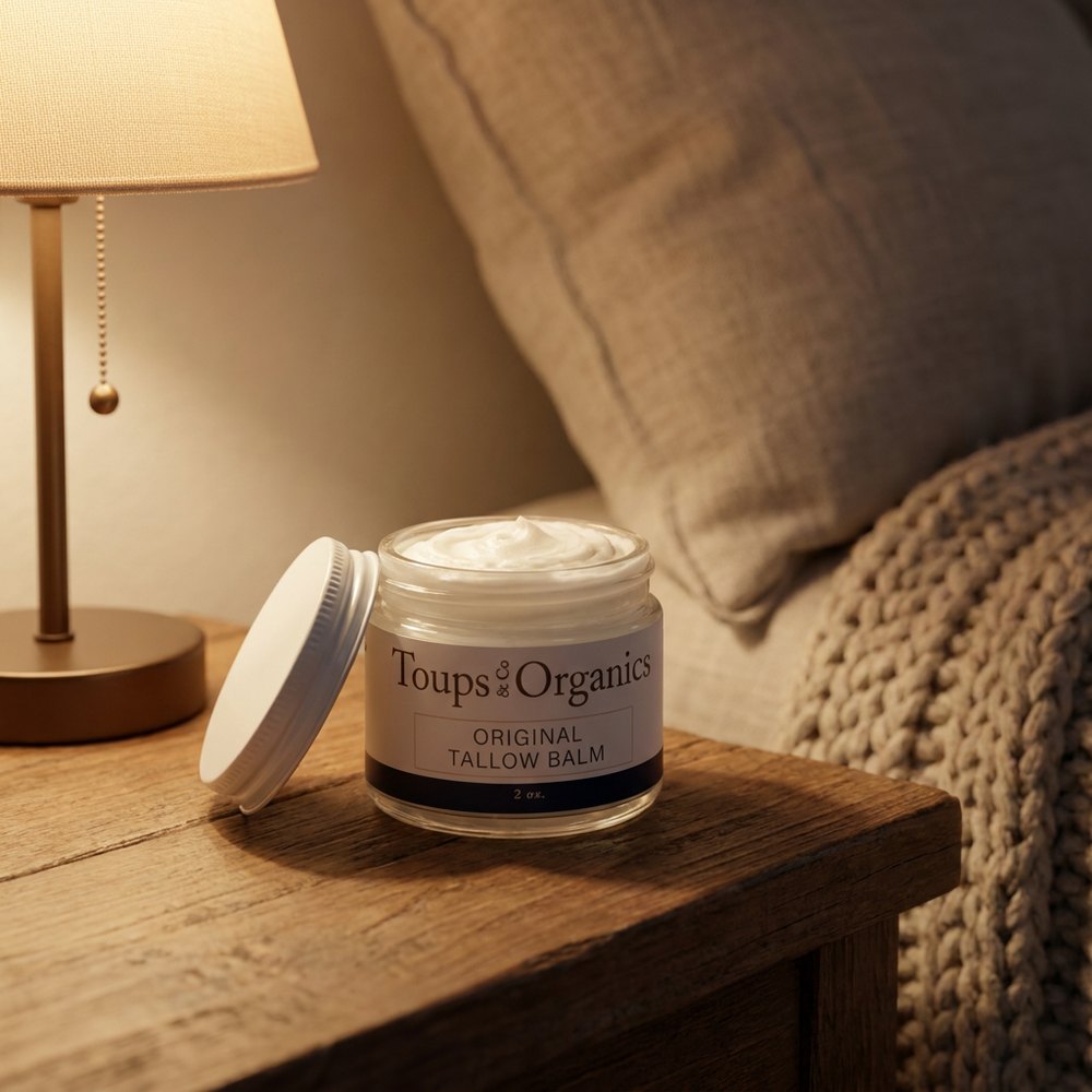 Toups and Co Original Tallow Balm on a bedside table in warm lamplight