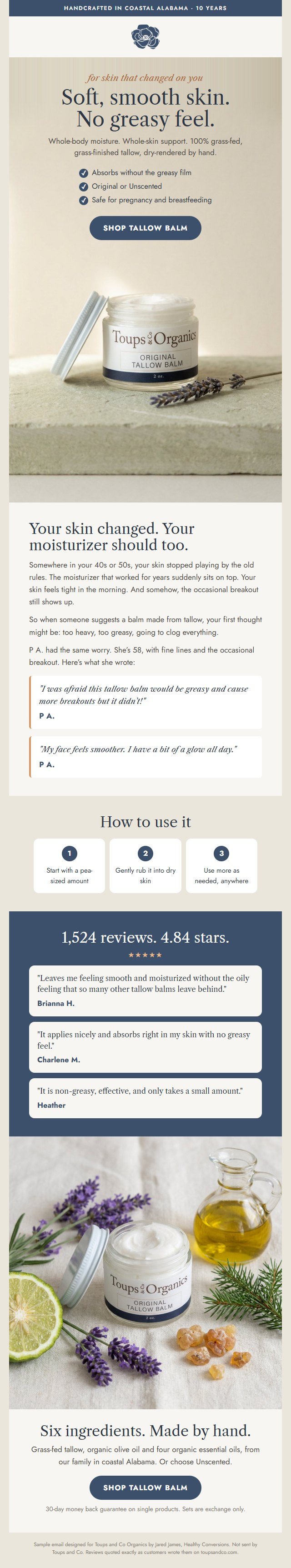 Toups and Co designed email for Tallow Balm