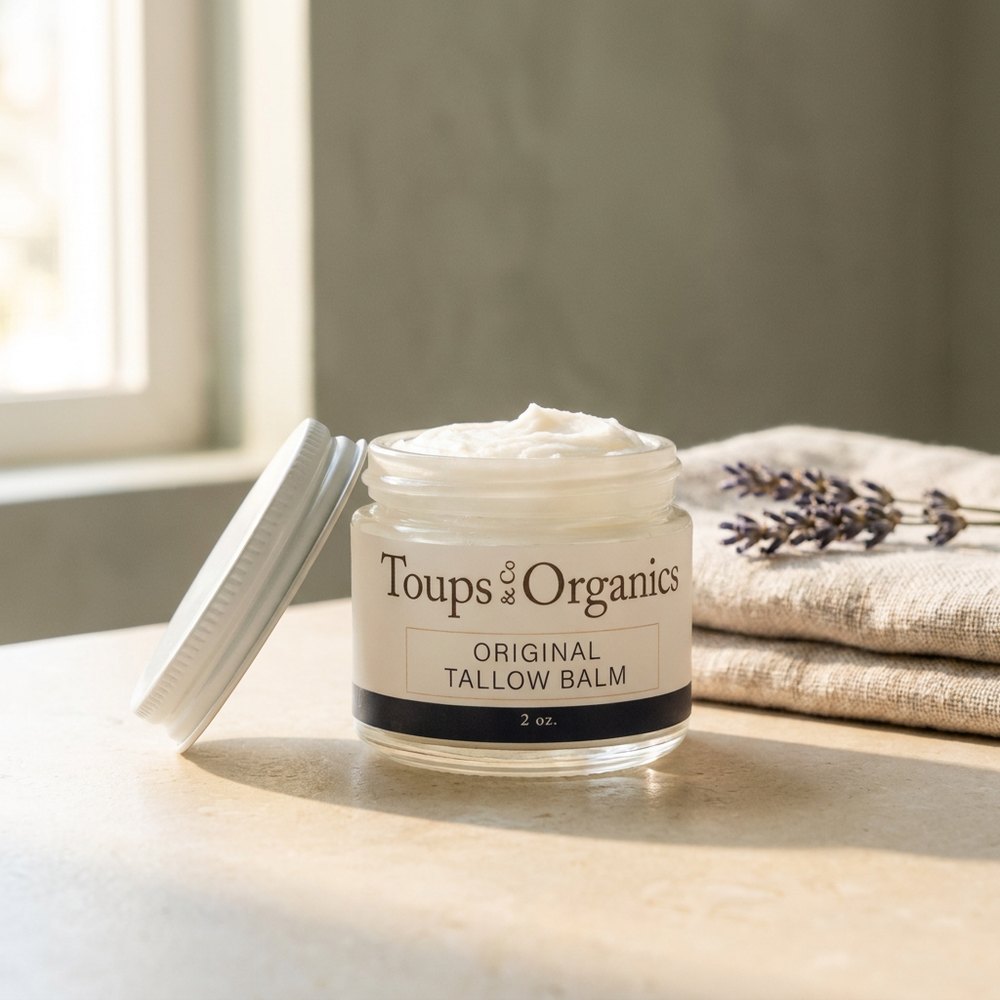 Toups and Co Original Tallow Balm on a cream stone vanity