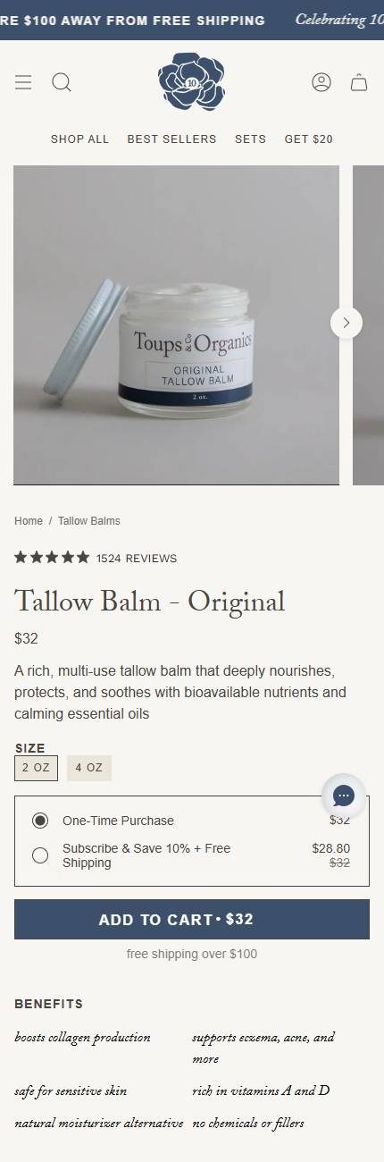Toups' current Tallow Balm page on a phone
