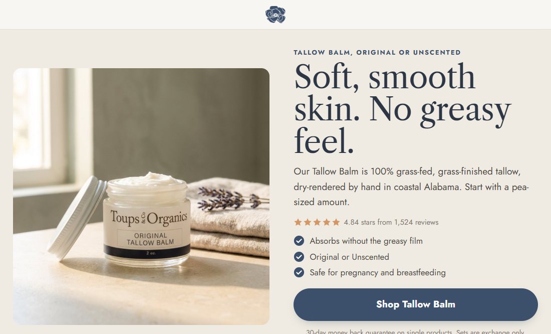 The new Tallow Balm product page on desktop