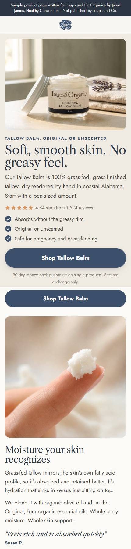 Tallow Balm product page on a phone