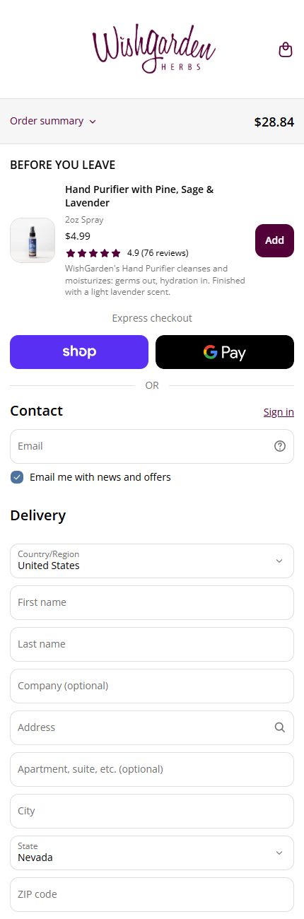 WishGarden's current checkout on a phone