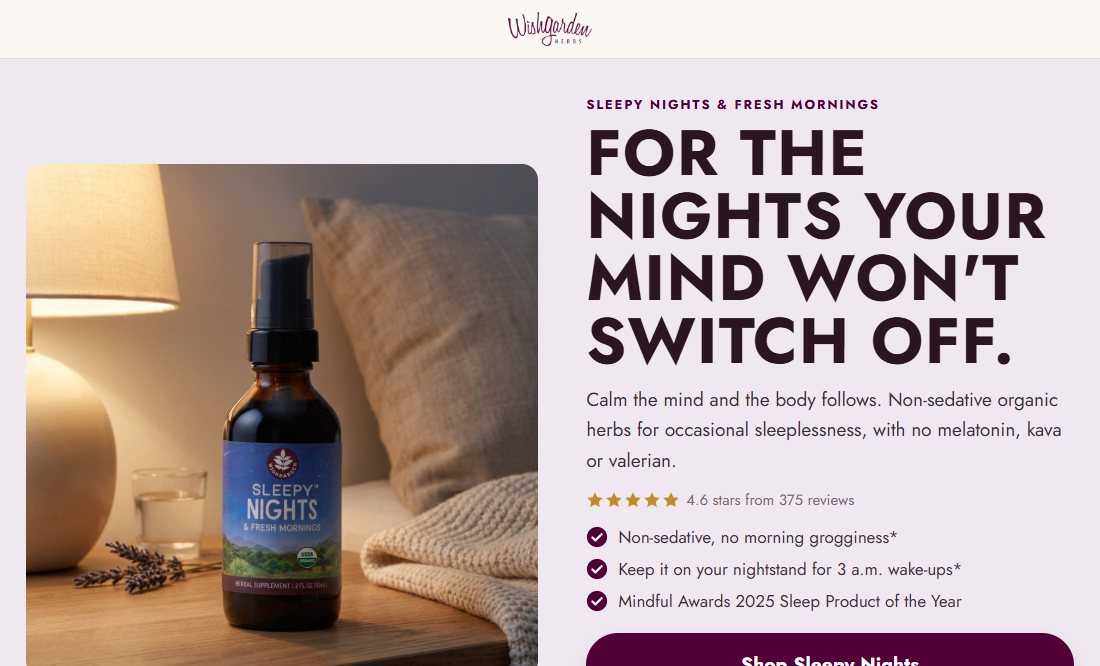 The new Sleepy Nights product page on desktop