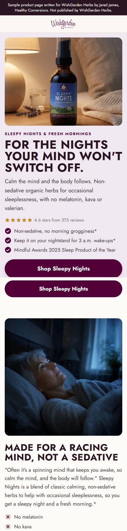 Sleepy Nights product page on a phone