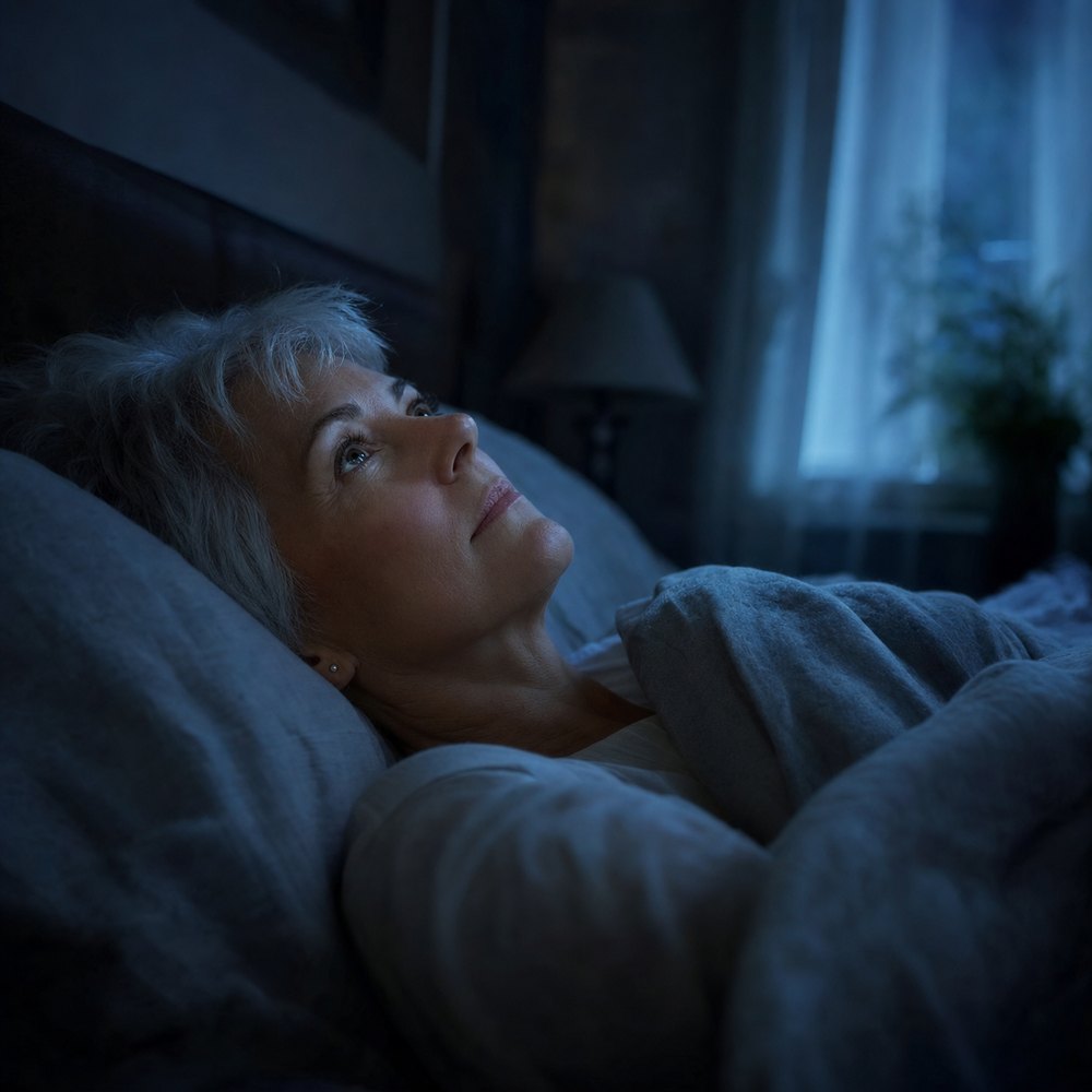 A woman lying awake in bed at night, looking at the ceiling