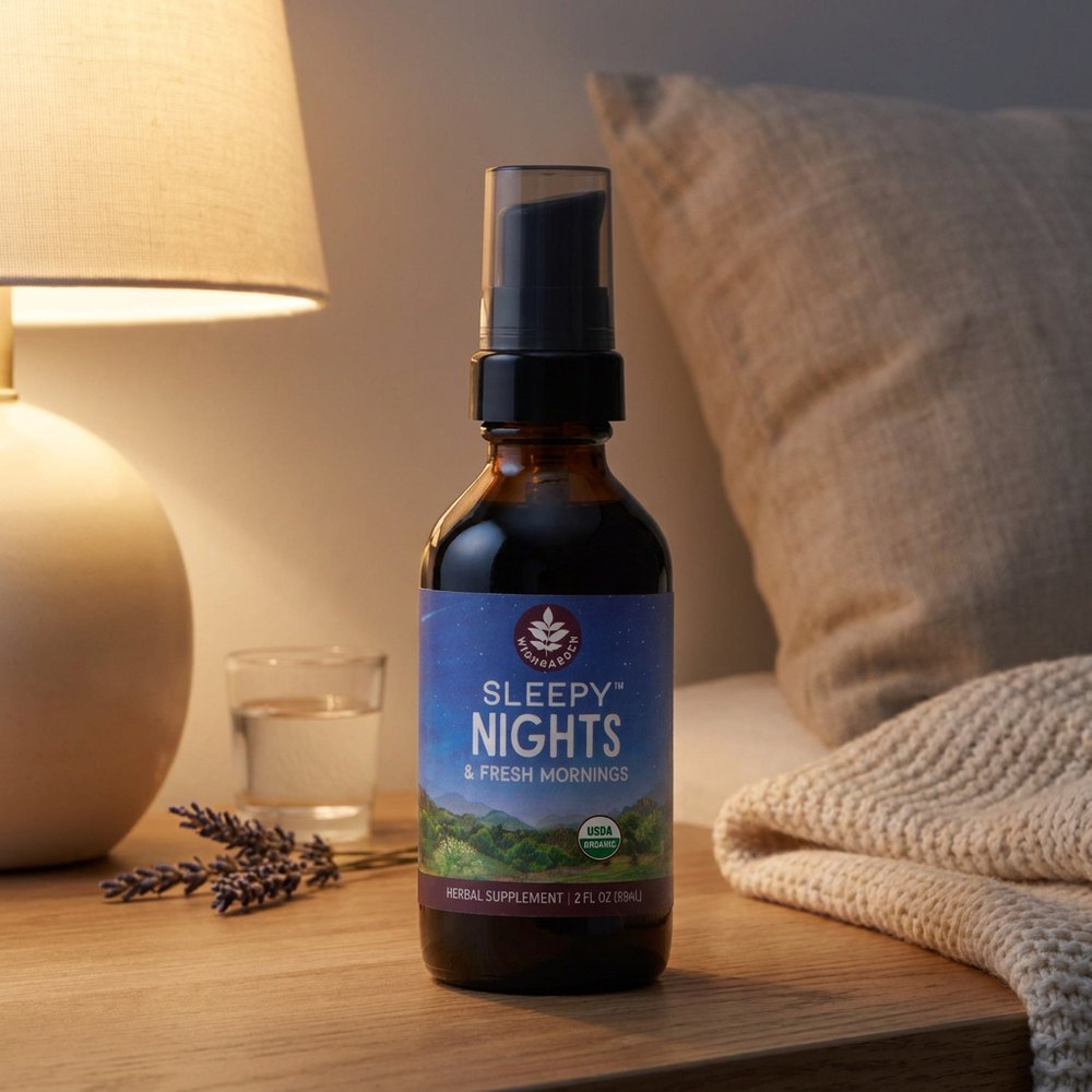 WishGarden Sleepy Nights & Fresh Mornings pump bottle on a bedside table by a lamp