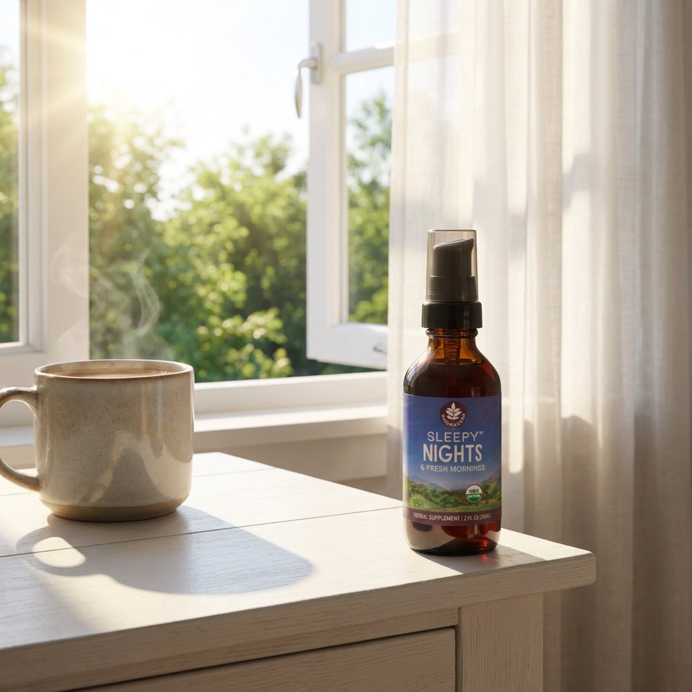 Sleepy Nights on a sunny bedside table in the morning next to a mug of tea