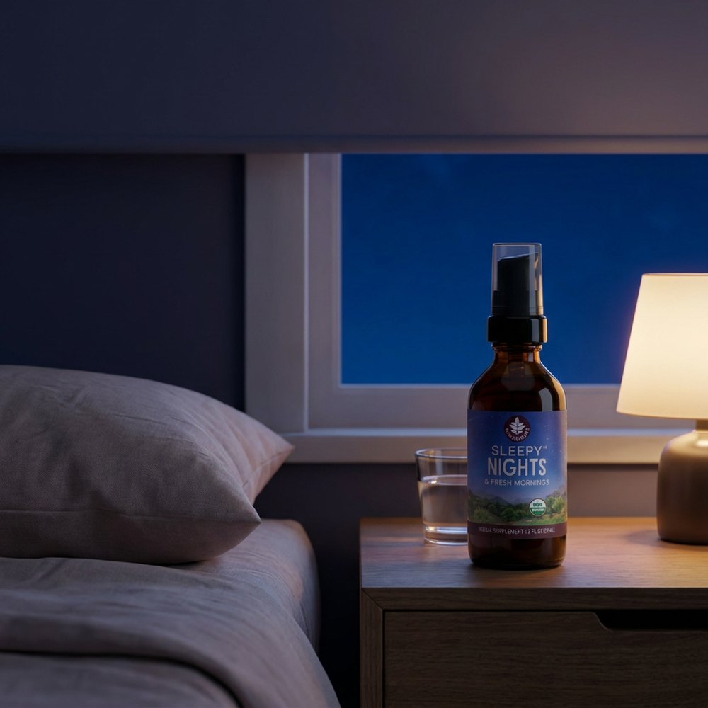 Sleepy Nights pump bottle on a nightstand at night with a glass of water and a lamp