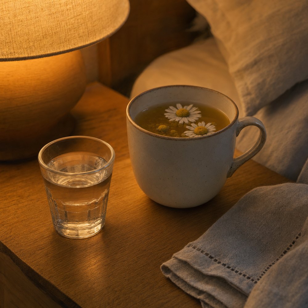 A glass of water and a mug of chamomile tea on a bedside table