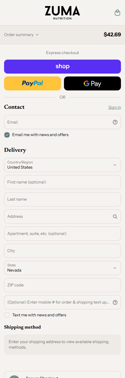 Zuma's current checkout on a phone