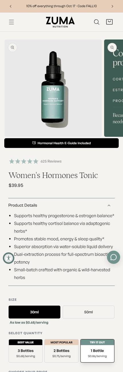 Zuma's current Women's Hormones Tonic page on a phone