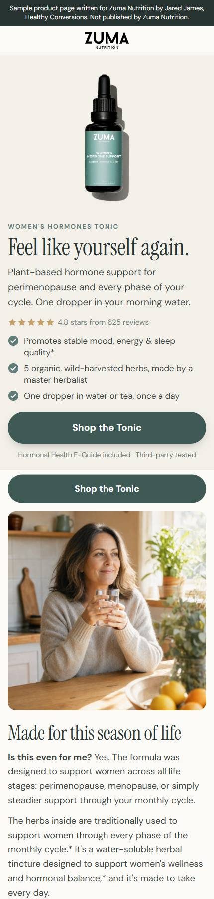 Women's Hormones Tonic product page on a phone